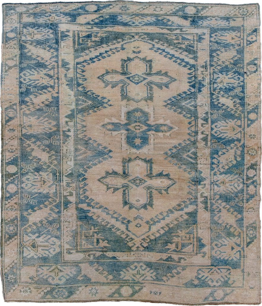 4' x 5' one-of-a-kind handmade vintage Oushak small size rug. Color palette: arapawa, black, blue, brown, dark gray