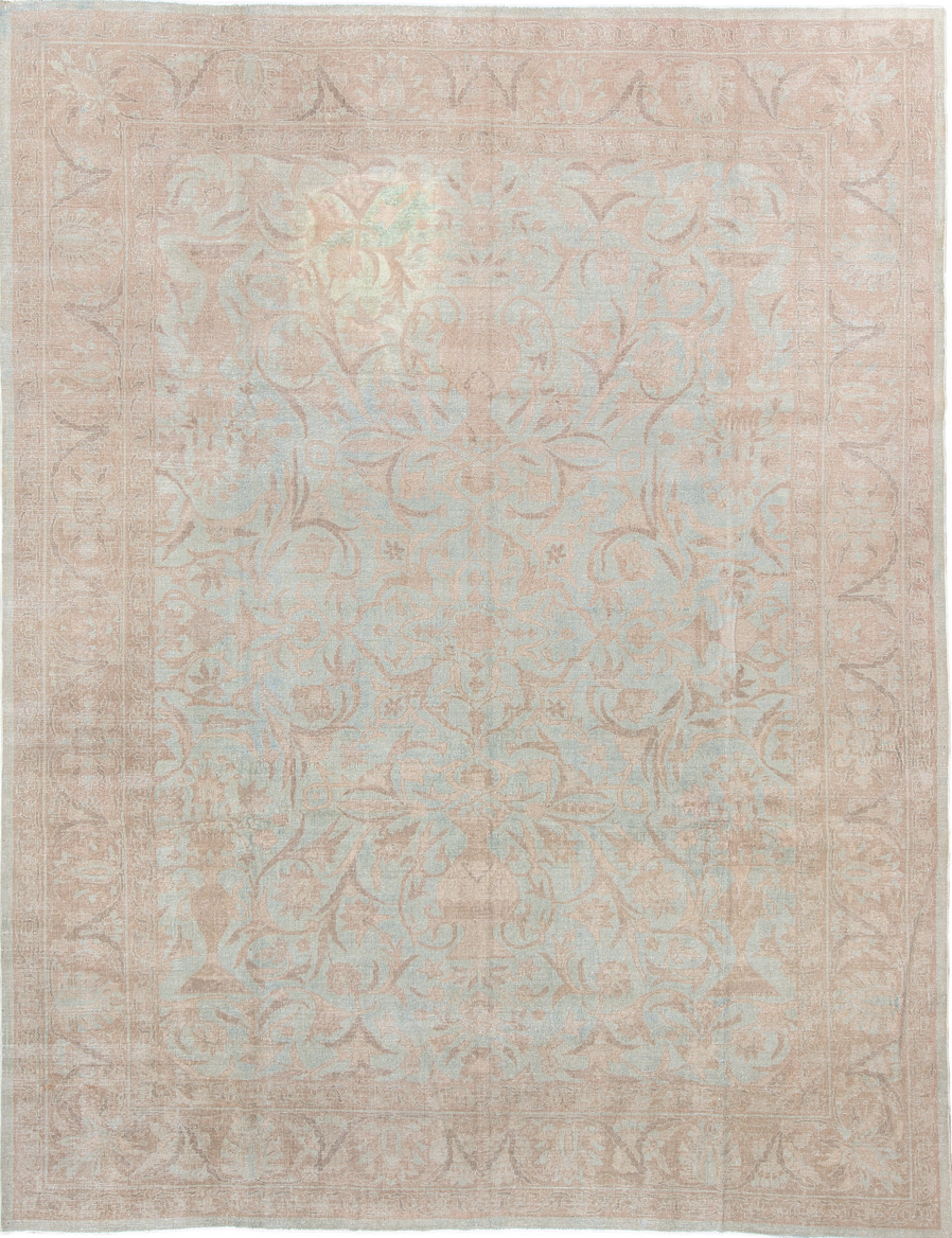 9' x 11' one-of-a-kind handmade vintage Sivas large size rug. Color palette: gray, light gray, off-white, pink, brown