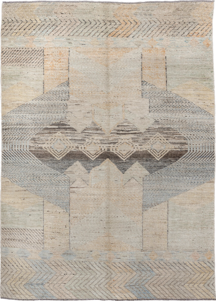5' x 7' one-of-a-kind handmade vintage Tulu rug. Color palette: brown, gray, light gray, off-white