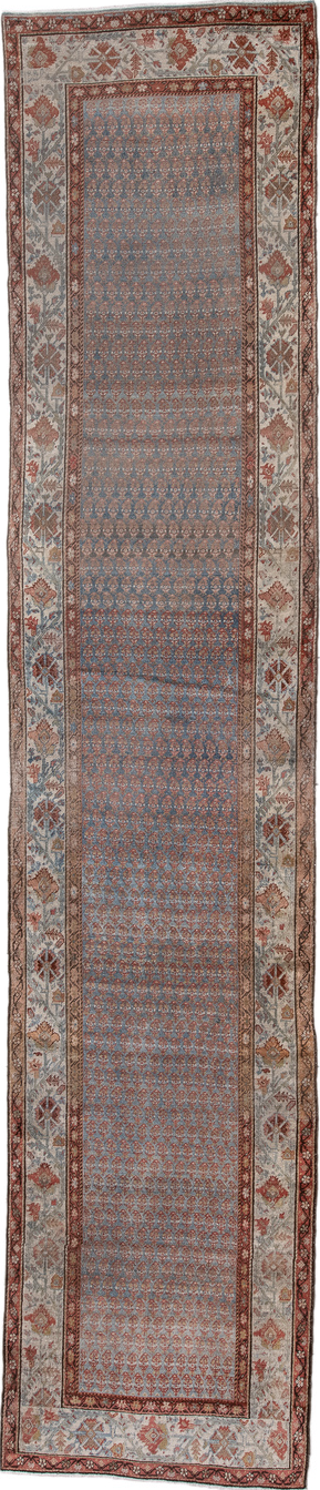 3' x 16' one-of-a-kind handmade vintage Bidjar runner rug. Color palette: black, blue, brown, dim gray, gray, honeydew