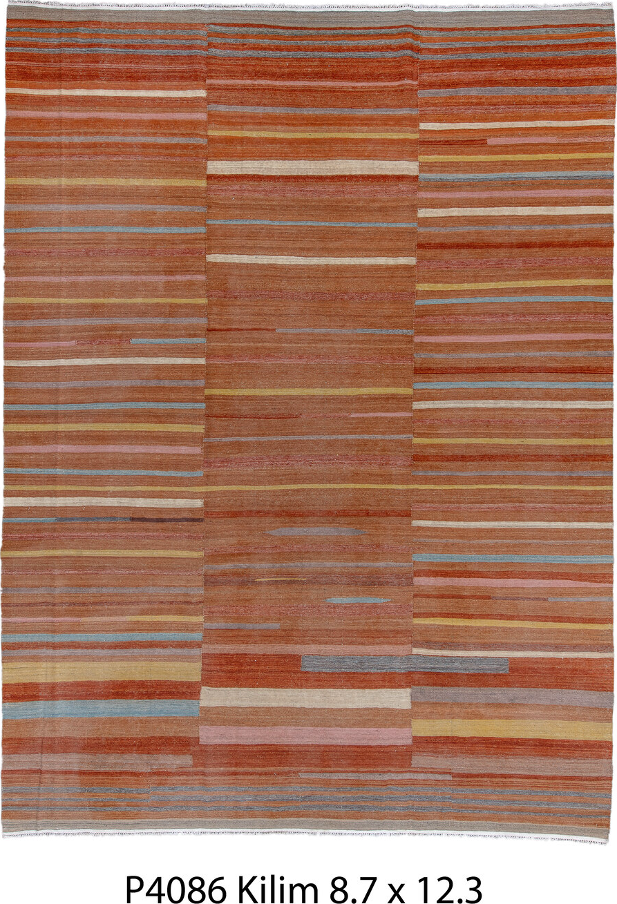 9' x 12' one-of-a-kind handmade vintage Kilim large size rug. Color palette: brown, burlywood, dark gray, dim gray