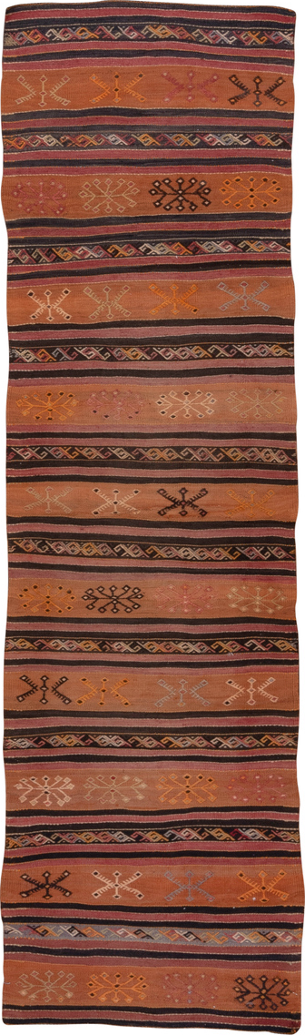 2' x 8' one-of-a-kind handmade vintage Kilim runner rug. Color palette: black, brown, gray, pink