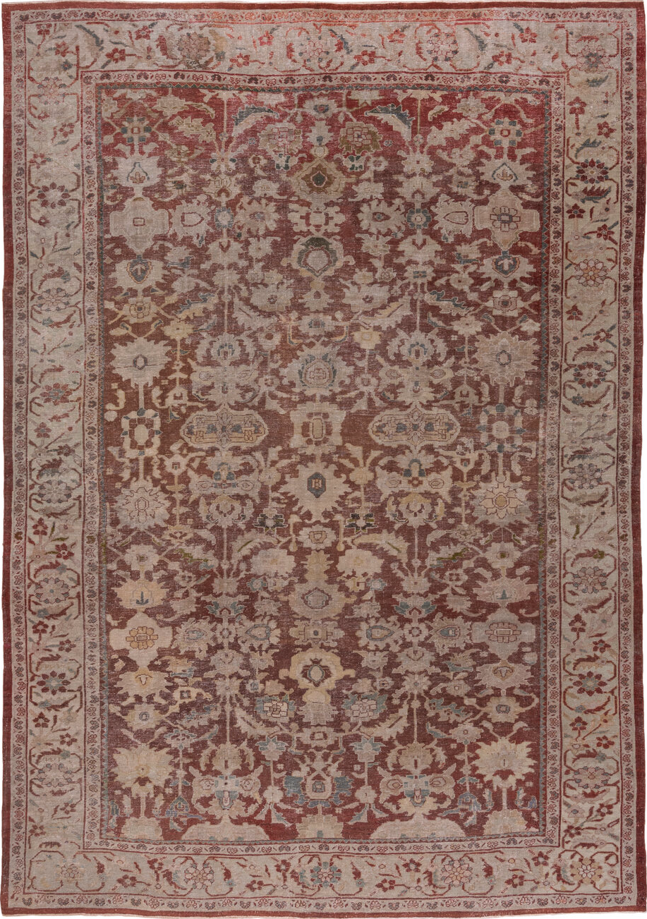 10' x 14' one-of-a-kind handmade vintage Sultanabad large size rug. Color palette: brown, gray, pink, red, redwood