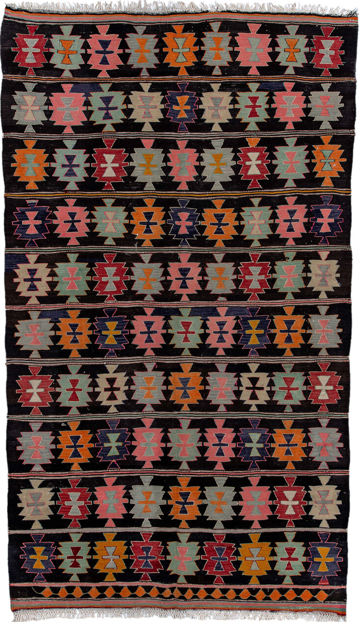 5' x 9' one-of-a-kind handmade vintage Kilim medium size rug. Color palette: gray, light gray, red, pink, brown, black, blue