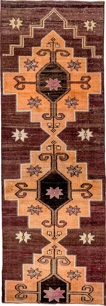 2' x 8' one-of-a-kind handmade vintage Kars runner rug. Color palette: black, brown, chocolate, orange, pink, red, redwood