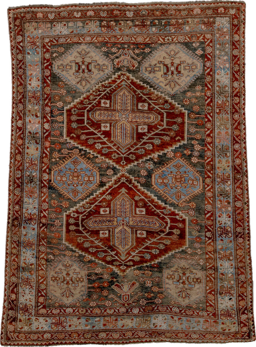 4' x 6' one-of-a-kind handmade vintage Baktiary small size rug. Color palette: black, blue, brown, dark gray, dim gray, gray