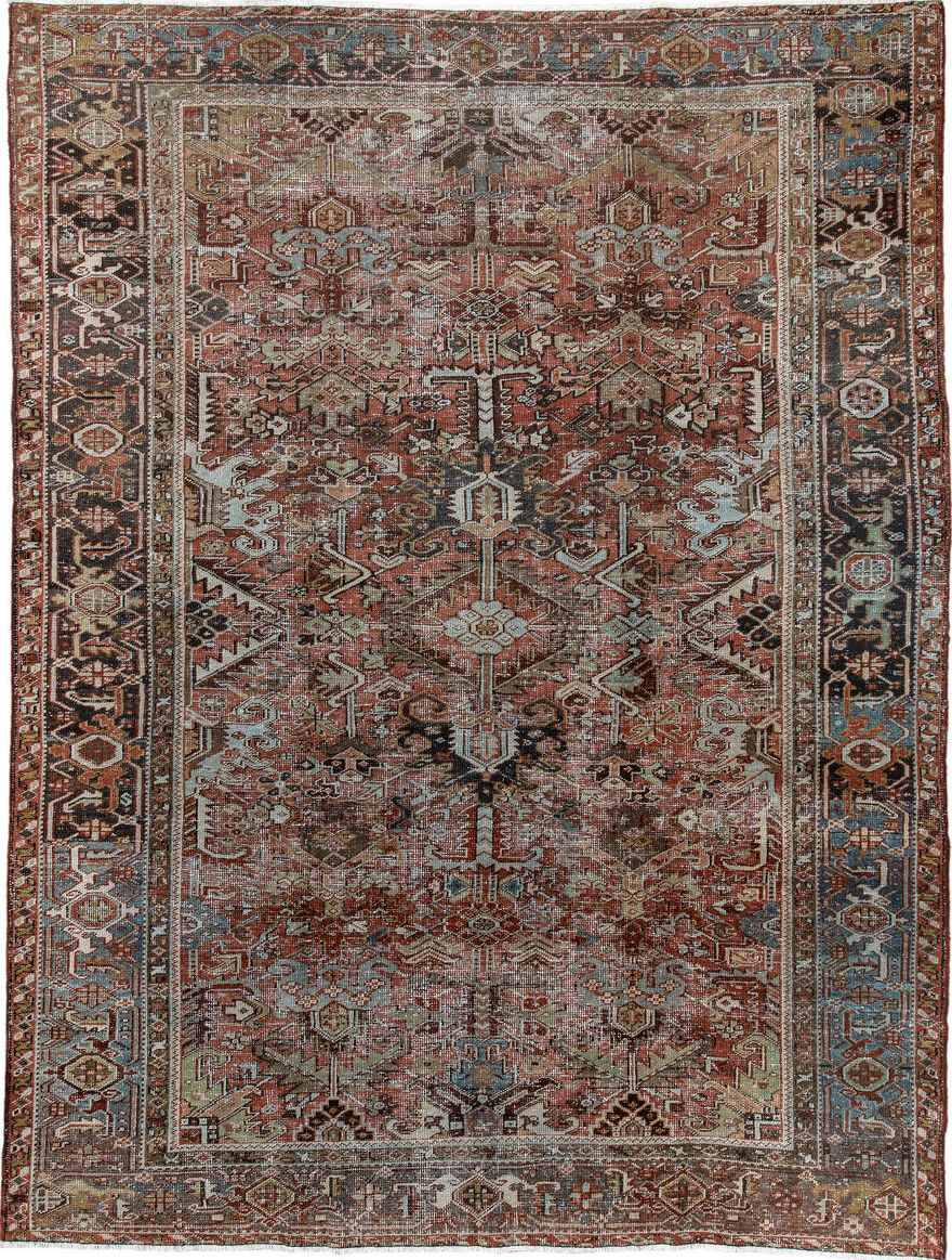 7' x 9' one-of-a-kind handmade vintage Heriz rug. Color palette: brown, gray, pink, light gray, off-white, black, blue