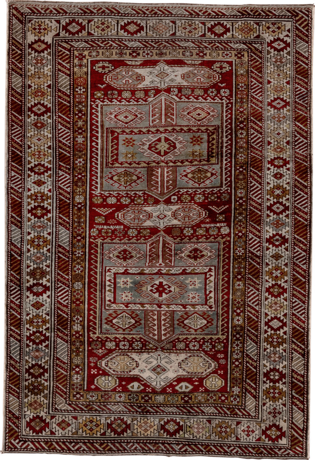 4' x 6' one-of-a-kind handmade vintage Shirvan small size rug. Color palette: brown, gray, pink, red