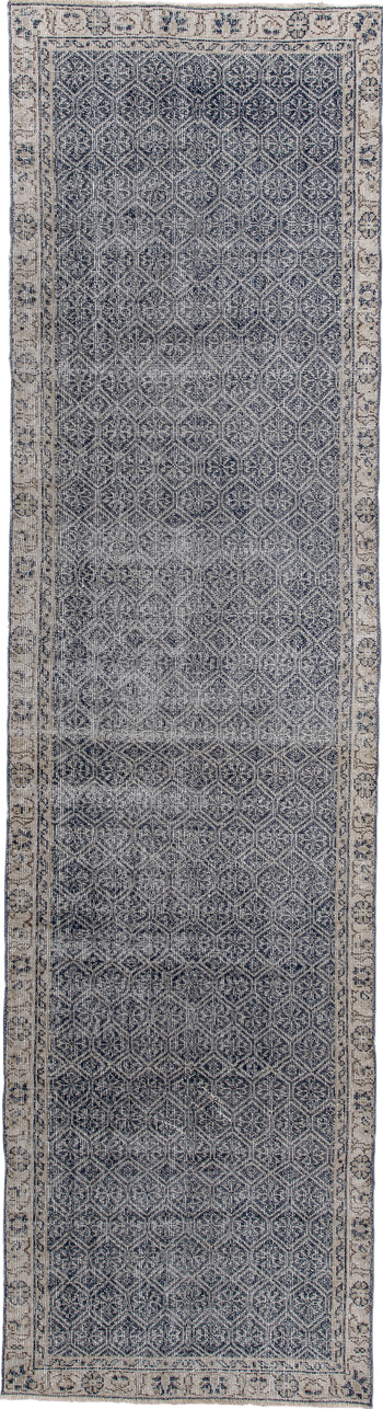 2' x 10' one-of-a-kind handmade vintage Sparta runner rug. Color palette: black, blue, dark gray, dim gray, fiord, gainsboro