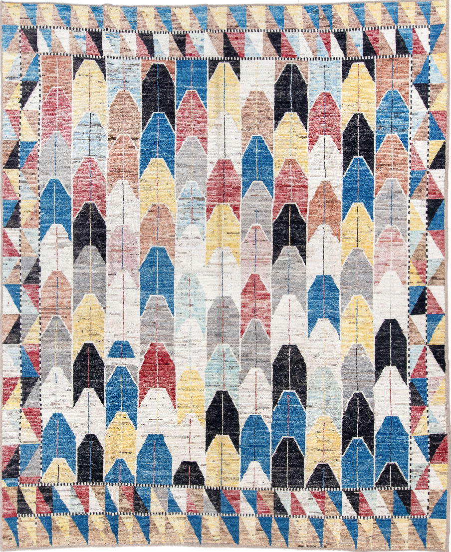 9' x 11' one-of-a-kind handmade vintage Tulu large size rug. Color palette: blue, brown, gray, pink, light gray, black