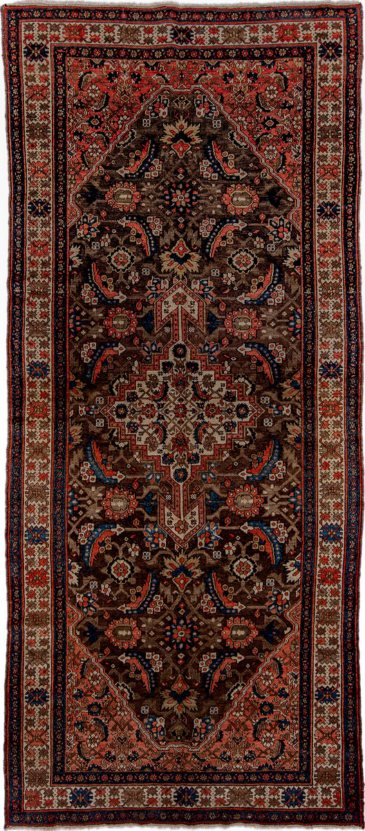 5' x 11' one-of-a-kind handmade vintage Malayer rug. Color palette: blue, brown, gray, off-white, orange, pink, red, snow
