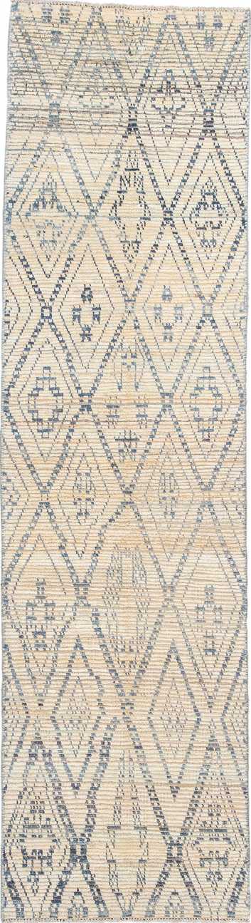 2' x 9' one-of-a-kind handmade vintage Tulu runner rug. Color palette: antiquewhite, beige, blue, brown, dark gray, gray