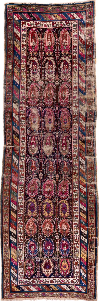 3' x 10' one-of-a-kind handmade vintage Shirvan runner rug. Color palette: black, blue, brown, fiord, gray, light gray