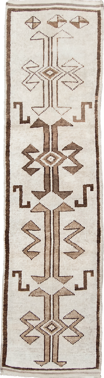 3' x 11' one-of-a-kind handmade vintage Kars runner rug. Color palette: brown, gray, light gray, linen, off-white, pink