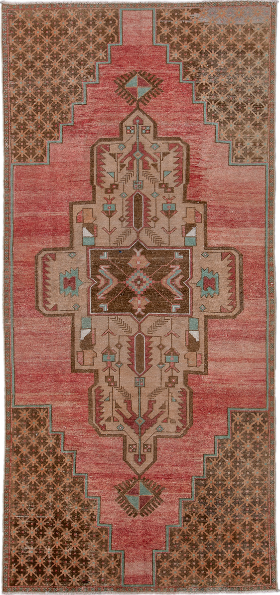 3' x 8' one-of-a-kind handmade vintage Oushak runner rug. Color palette: brown, gray, indian red, light gray, off-white