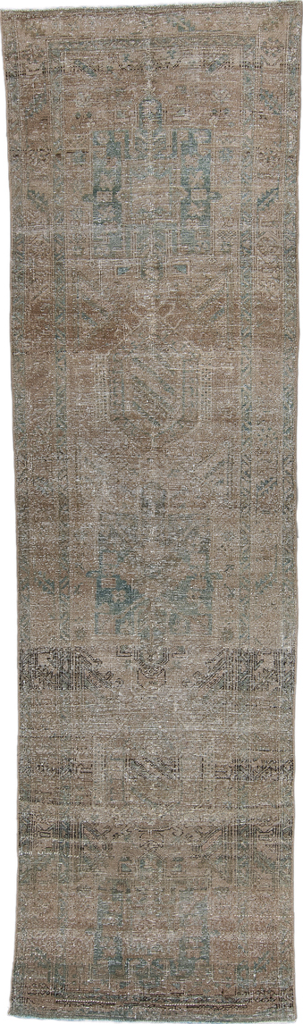 3' x 10' one-of-a-kind handmade vintage Heriz runner rug. Color palette: black, brown, charcoal, dark gray, gray, light gray