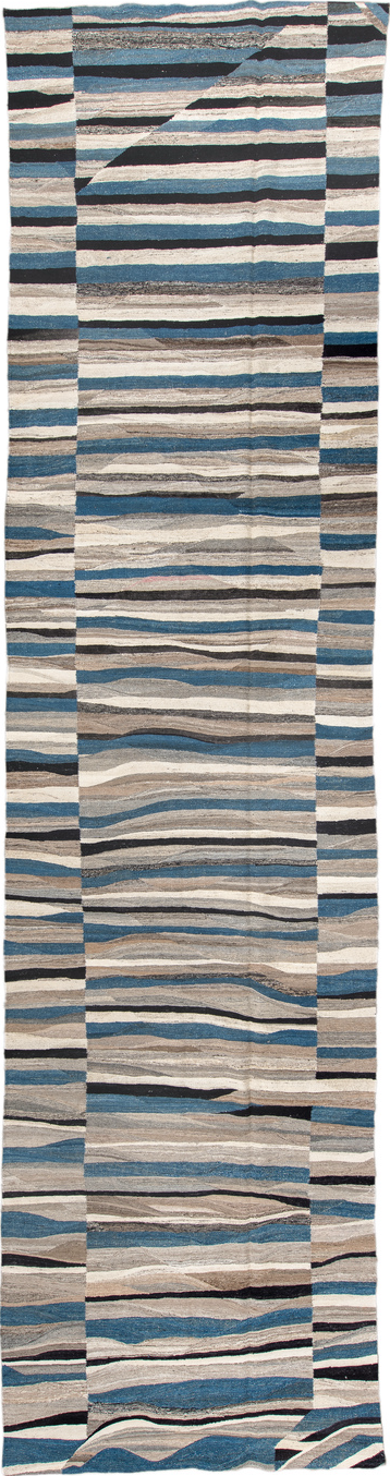 4' x 19' one-of-a-kind handmade vintage Kilim runner rug. Color palette: black, blue, charcoal, dim gray, gray, light gray