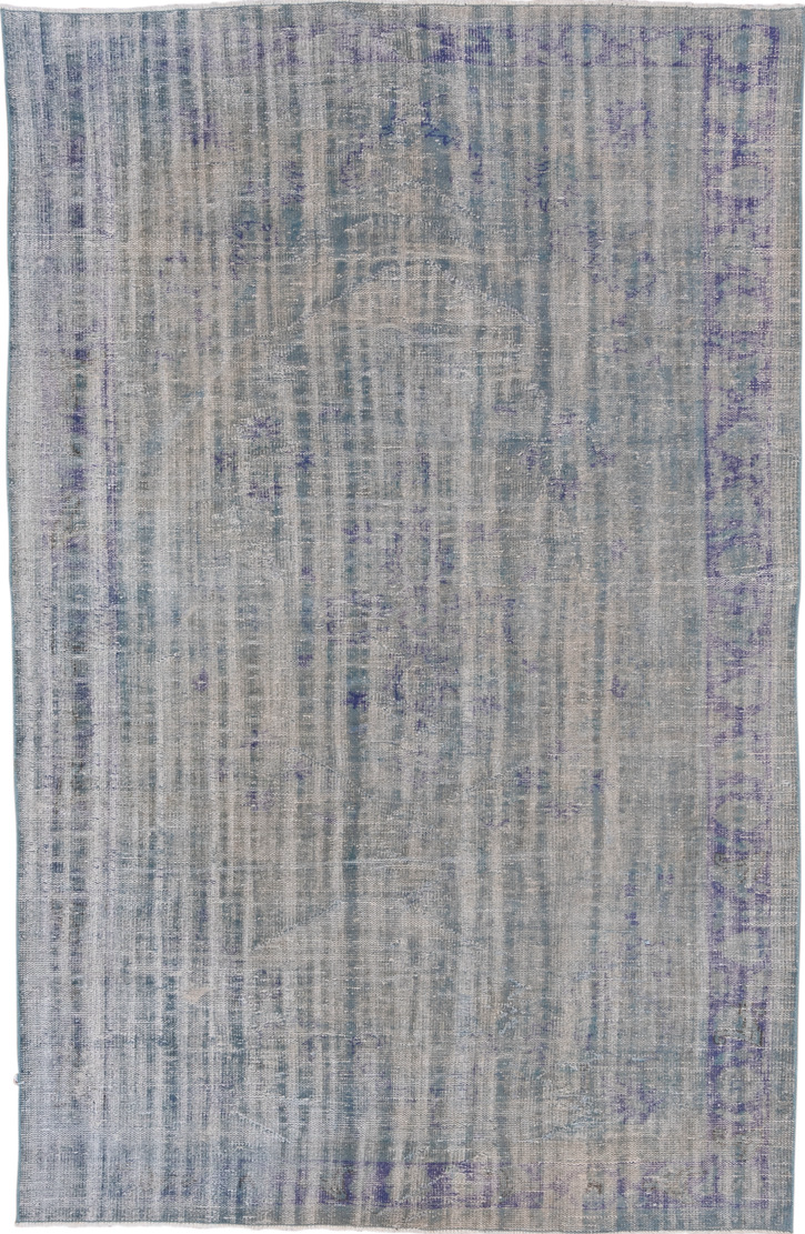 6' x 9' one-of-a-kind handmade vintage Sparta medium size rug. Color palette: blue, gray, light gray, off-white, silver