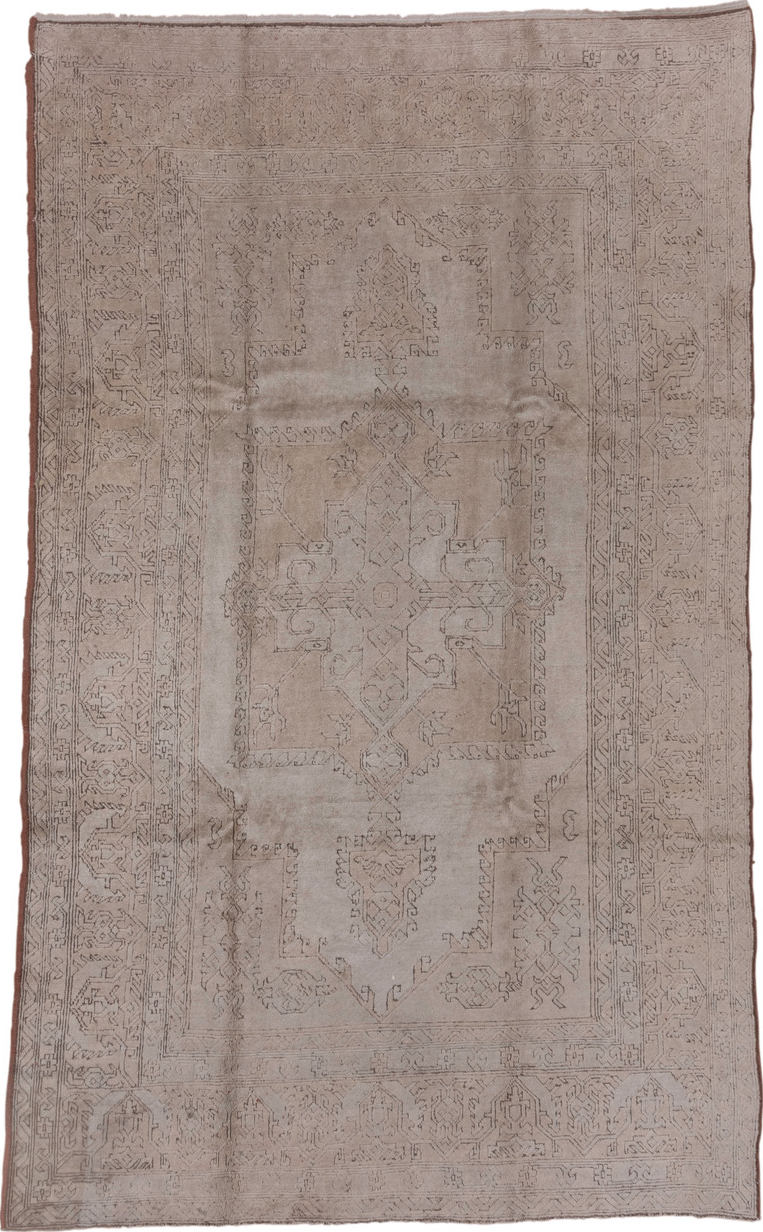 7' x 11' one-of-a-kind handmade vintage Oushak large size rug. Color palette: brown, gray, light gray, off-white, pink, snow