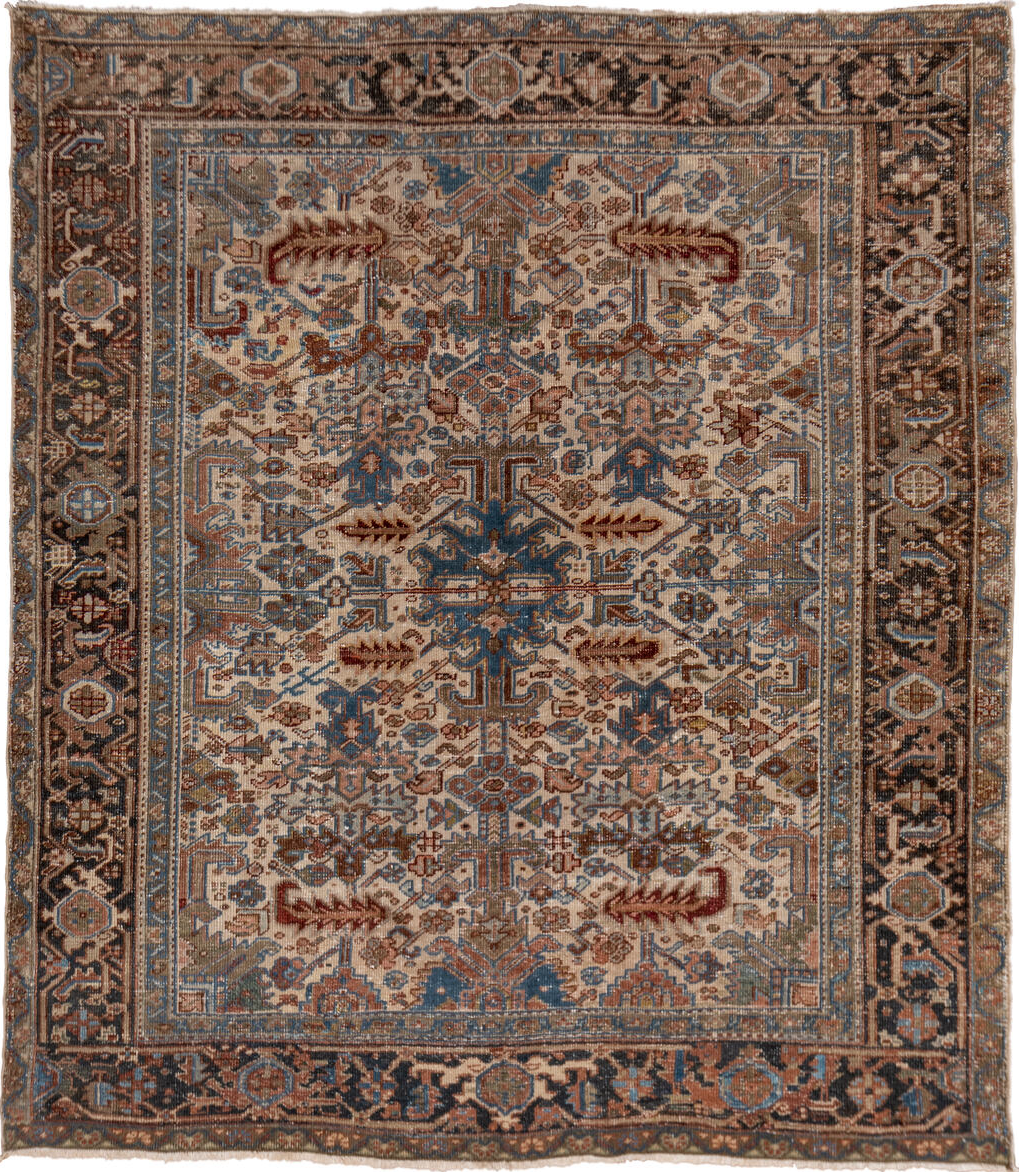 6' x 7' one-of-a-kind handmade vintage Heriz rug. Color palette: black, blue, brown, dark gray, dim gray, gainsboro, gray