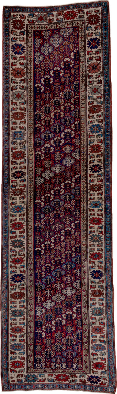 3' x 12' one-of-a-kind handmade vintage NW Persian runner rug. Color palette: brown, gray, pink, red, redwood