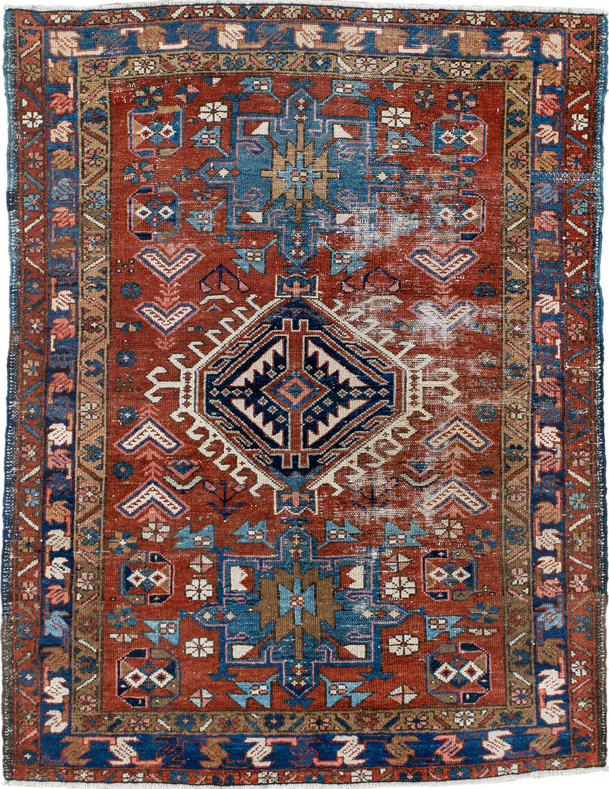 3' x 4' one-of-a-kind handmade vintage Karaje small size rug. Color palette: black, blue, brown, dark gray, gray, light gray