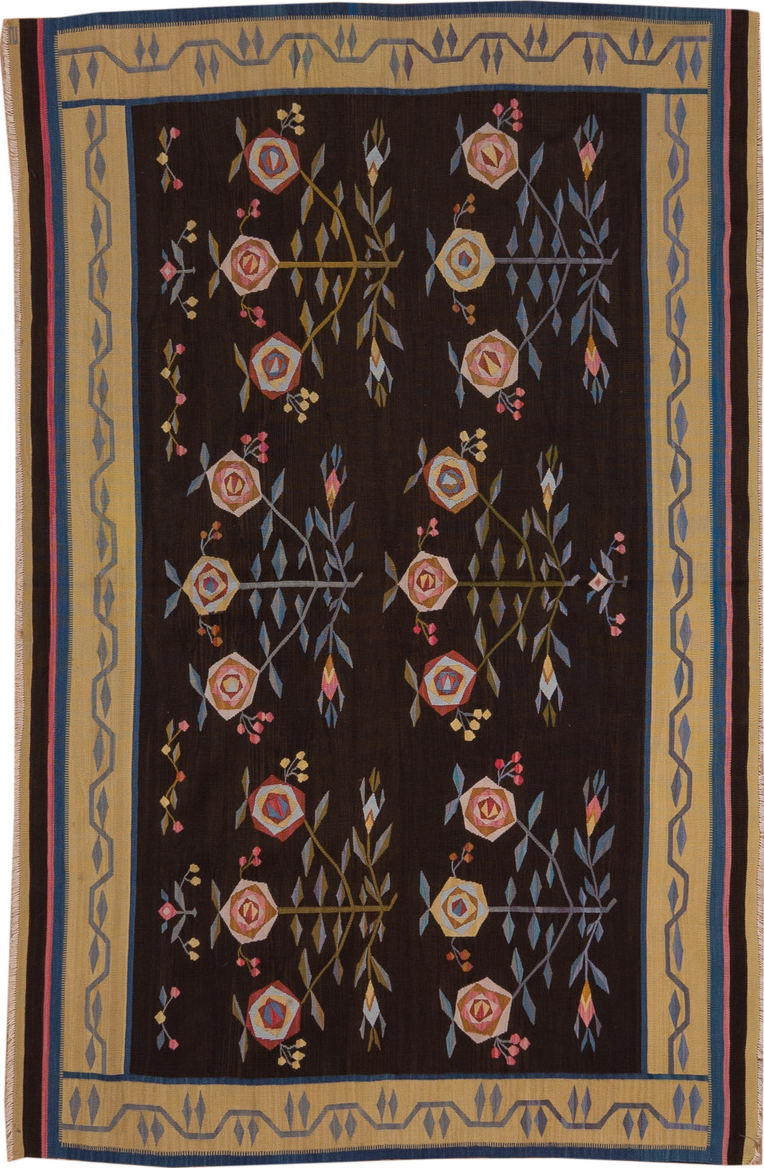 4' x 6' one-of-a-kind handmade vintage Kilim small size rug. Color palette: black, blue, brown, charcoal, gray, pink