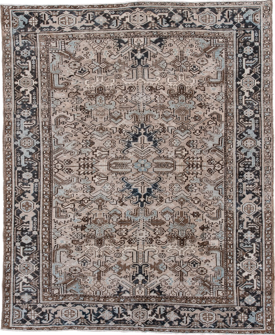 6' x 8' one-of-a-kind handmade vintage Heriz medium size rug. Color palette: black, brown, charcoal, dark gray, dim gray