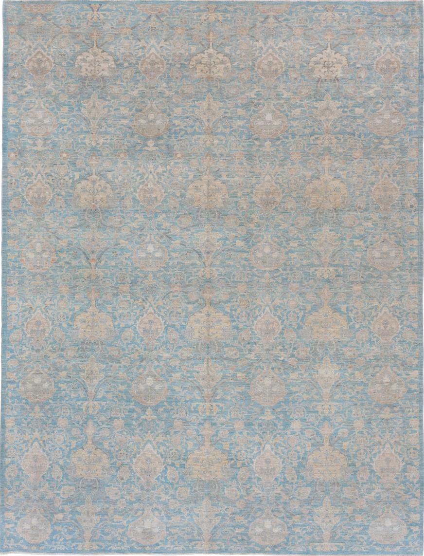 9' x 11' one-of-a-kind handmade vintage Afghan large size rug. Color palette: blue, brown, dark gray, gray, light blue