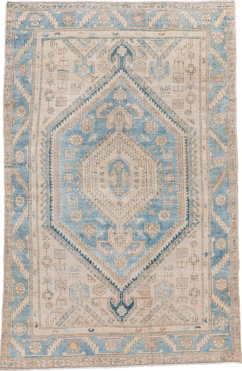 4' x 6' one-of-a-kind handmade vintage Hamadan small size rug. Color palette: antiquewhite, black, blue, brown, gray