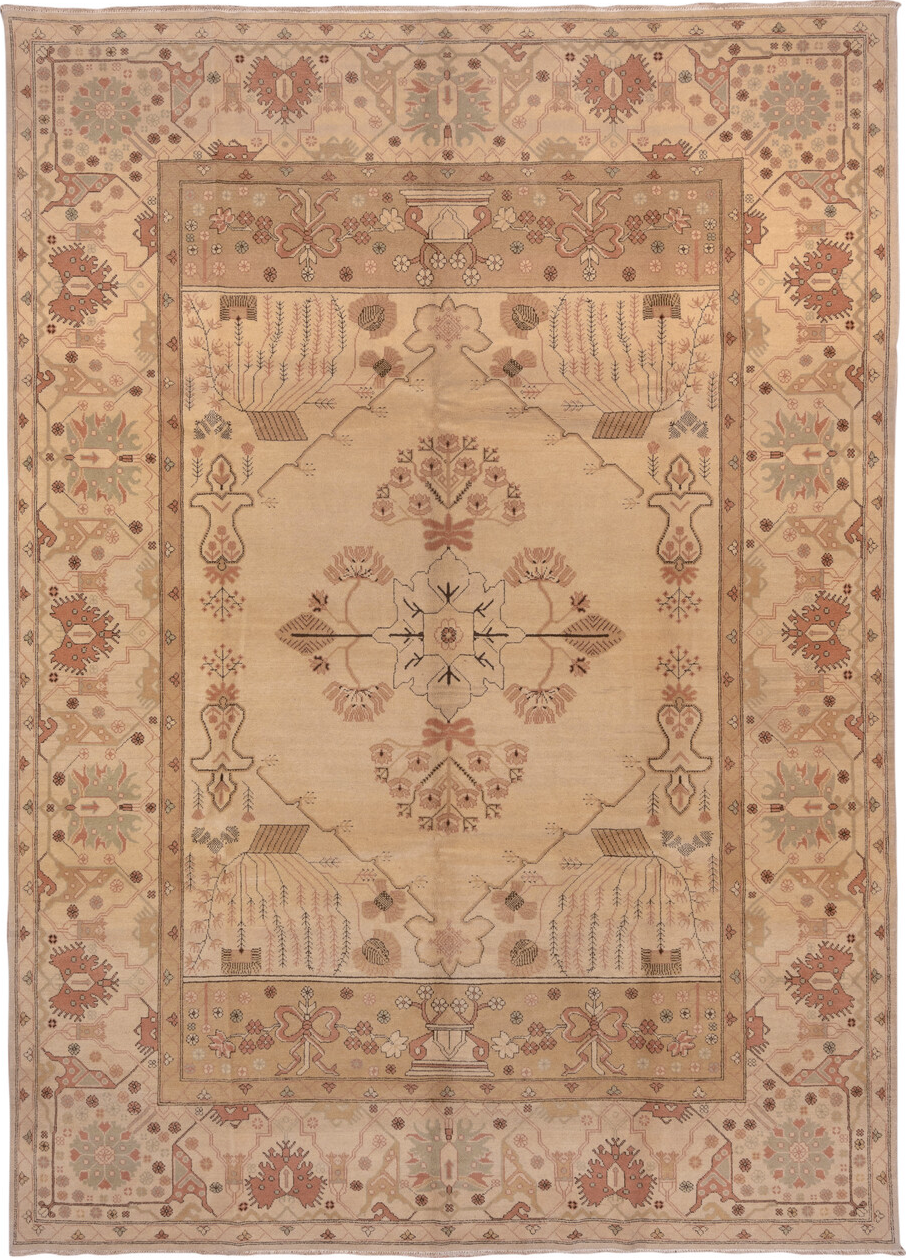10' x 13' one-of-a-kind handmade vintage Oushak large size rug. Color palette: brown, burlywood, tan, yellow
