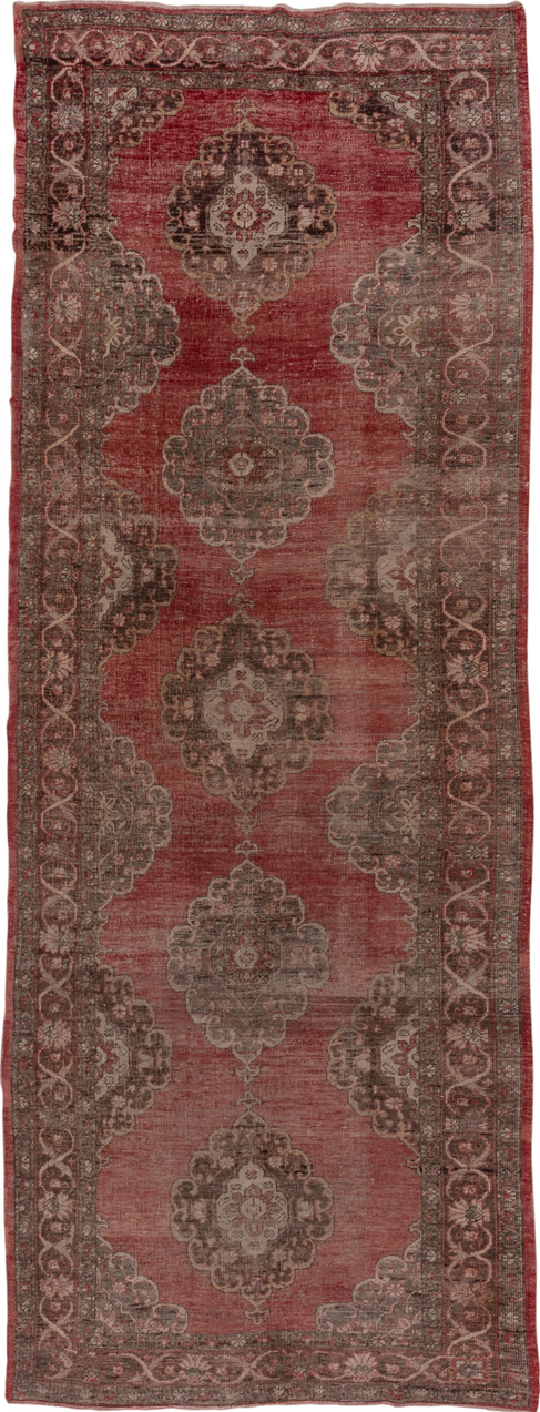 4' x 13' one-of-a-kind handmade vintage Oushak runner rug. Color palette: brown, gray, off-white, pink, red, snow, white