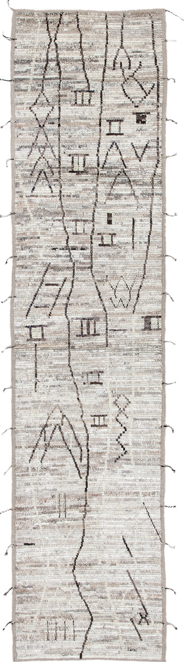 3' x 12' one-of-a-kind handmade vintage Tulu runner rug. Color palette: black, blue, dark gray, dim gray, gainsboro, gray