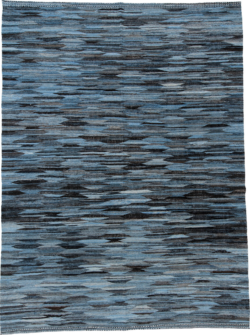 10' x 14' one-of-a-kind handmade vintage Kilim large size rug. Color palette: black, blue, dark gray, dim gray, gray