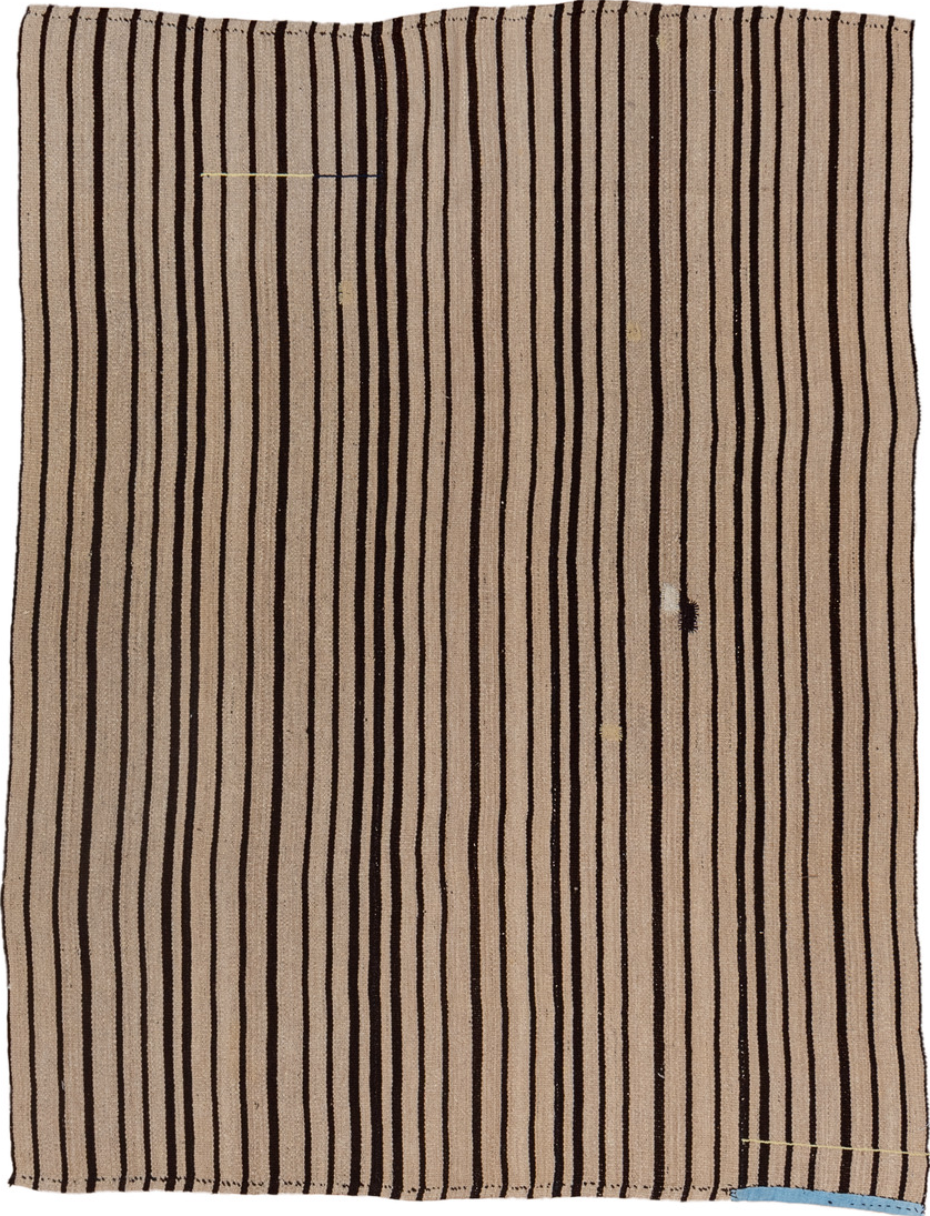 5' x 7' one-of-a-kind handmade vintage Kilim rug. Color palette: brown, gray, off-white, orange, pink, snow, white