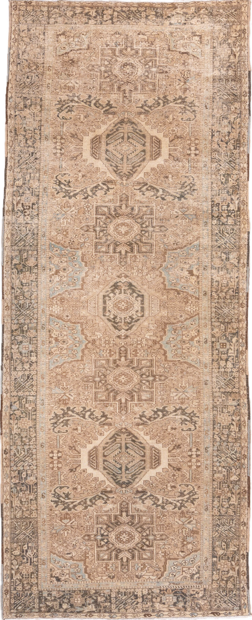 5' x 12' one-of-a-kind handmade vintage Karaje runner rug. Color palette: bisque, brown, gray, off-white, orange, pink