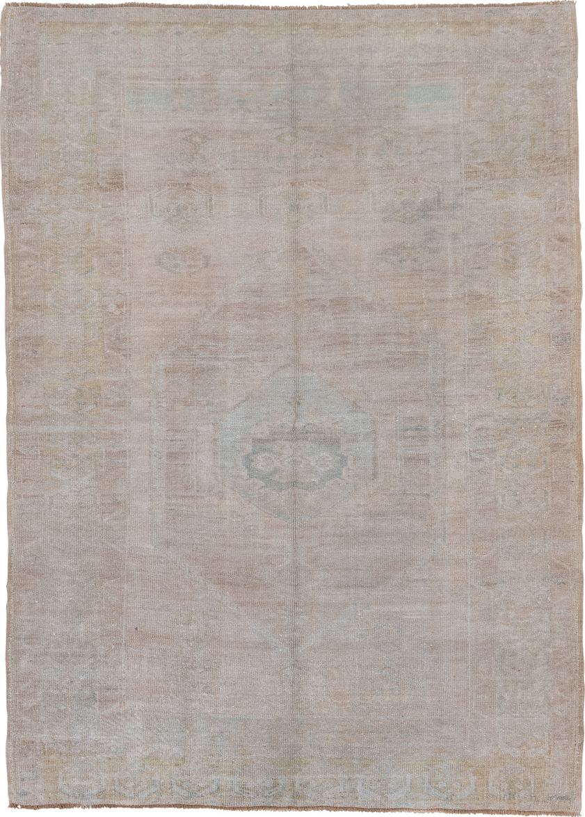 5' x 6' one-of-a-kind handmade vintage Oushak rug. Color palette: gainsboro, gray, light gray, off-white, pink, silver, snow