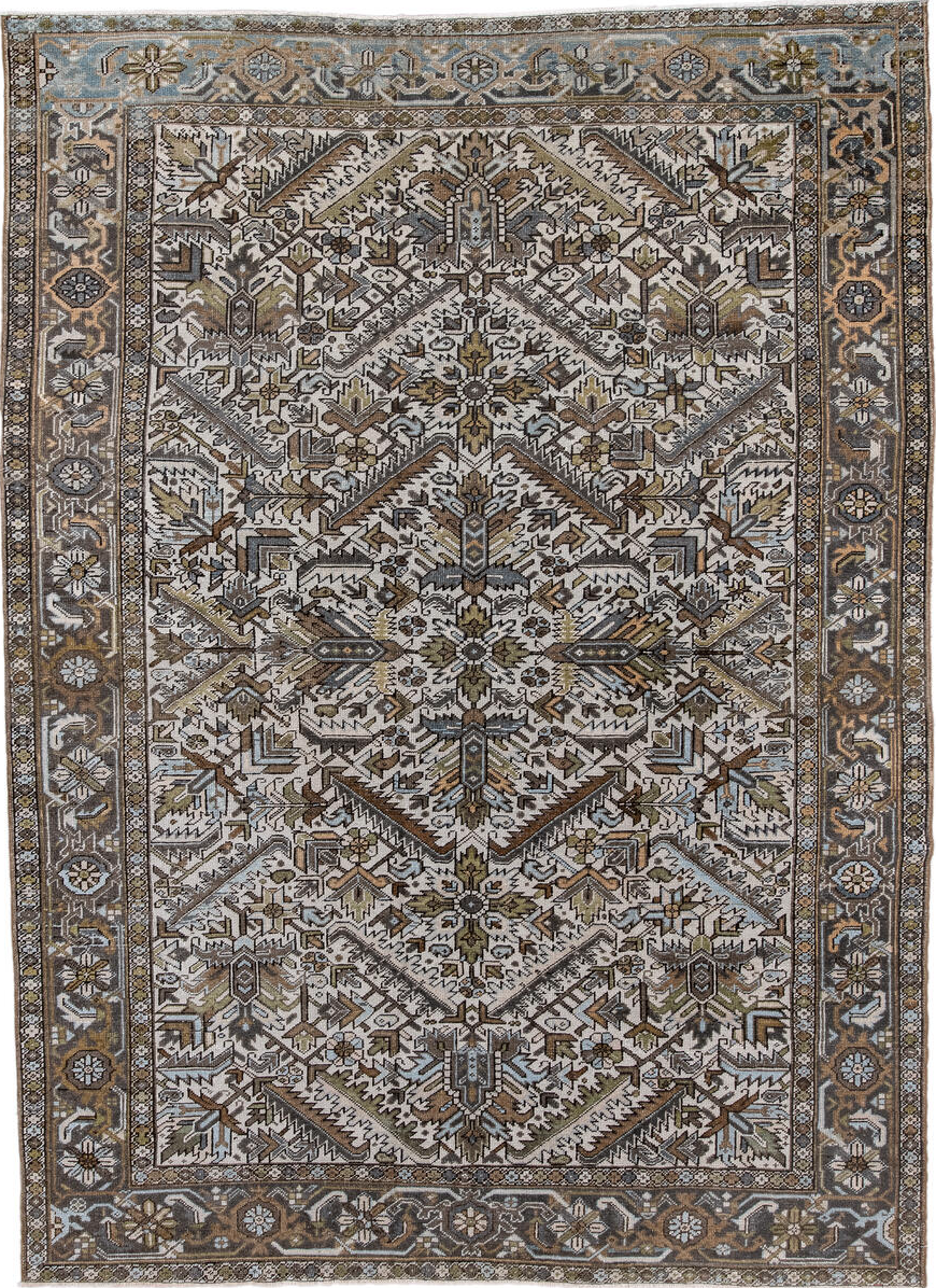 7' x 10' one-of-a-kind handmade vintage Heriz large size rug. Color palette: black, brown, charcoal, dark gray, dim gray