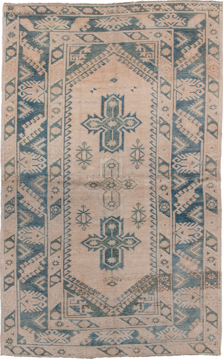 4' x 7' one-of-a-kind handmade vintage Oushak rug. Color palette: black, blue, charcoal, dim gray, gray, light gray