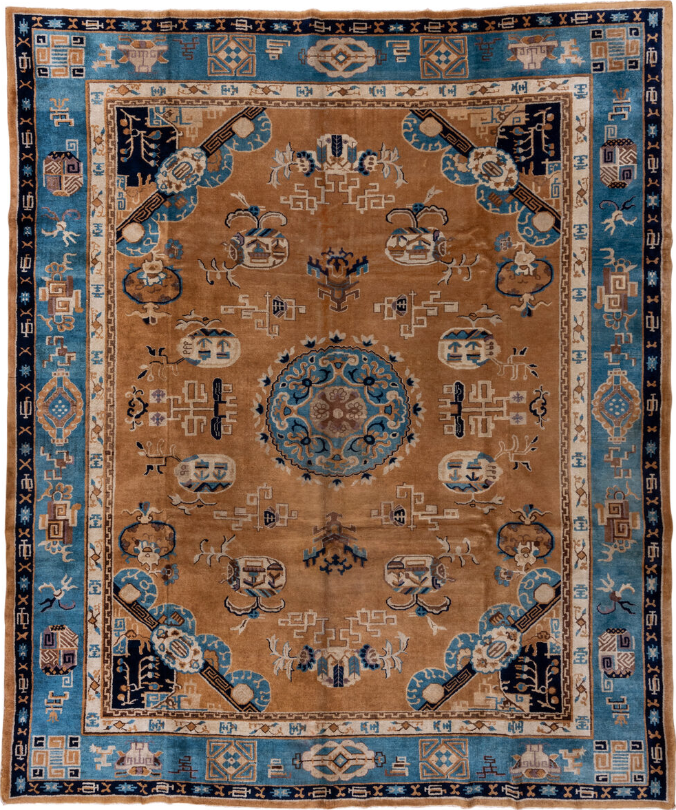9' x 11' one-of-a-kind handmade vintage Chinese large size rug. Color palette: arapawa, black, blue, brown, charcoal