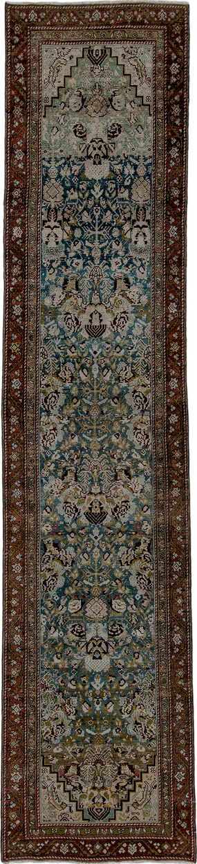 2' x 12' one-of-a-kind handmade vintage Malayer runner rug. Color palette: gray, black, brown, light gray, blue, off-white