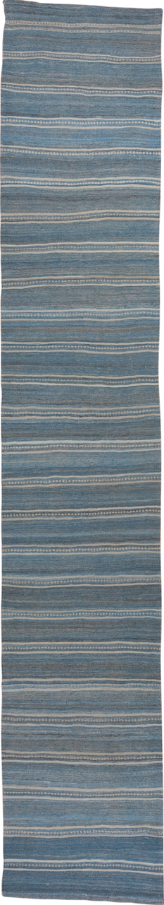 2' x 18' one-of-a-kind handmade vintage Kilim runner rug. Color palette: blue, dark gray, gray, light gray, light slate gray