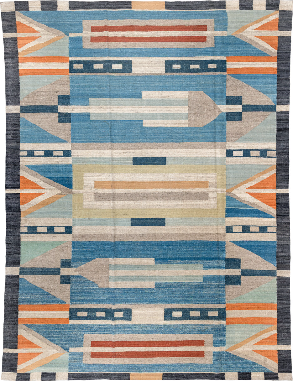 8' x 11' one-of-a-kind handmade vintage Kilim large size rug. Color palette: arapawa, blue, brown, dim gray, gray