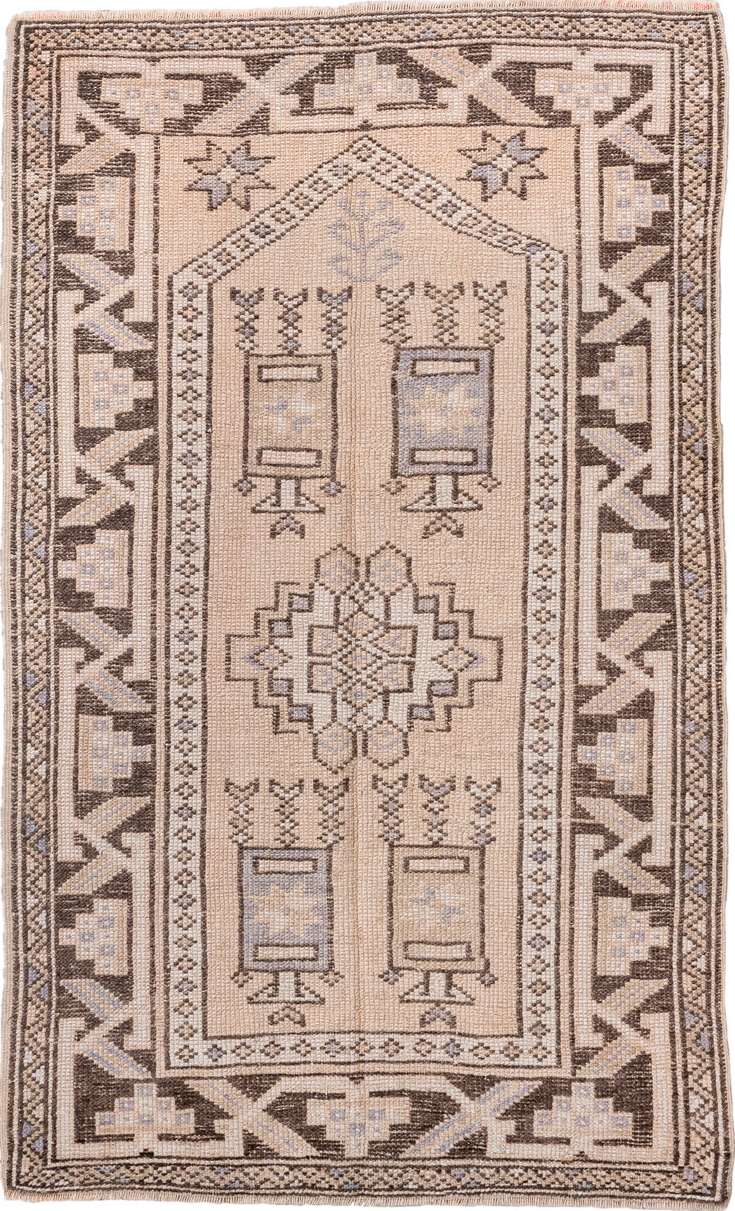 2' x 4' one-of-a-kind handmade vintage Oushak small size rug. Color palette: antiquewhite, brown, gray, light gray, linen