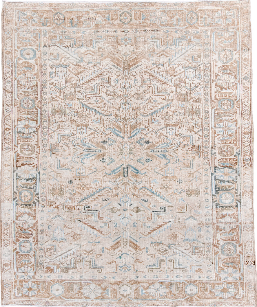 7' x 8' one-of-a-kind handmade vintage Heriz rug. Color palette: brown, dim gray, gainsboro, gray, light blue, light gray