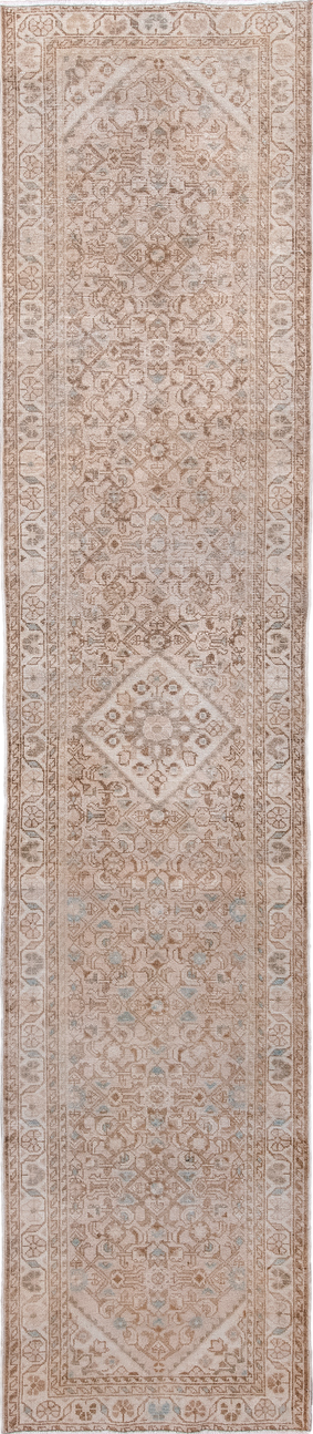 2' x 12' one-of-a-kind handmade vintage Malayer runner rug. Color palette: brown, gray, light gray, off-white, pink, snow