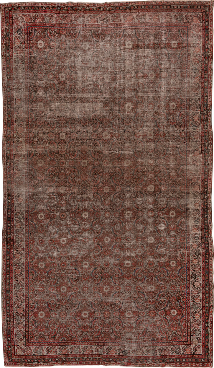 7' x 13' one-of-a-kind handmade vintage Malayer large size rug. Color palette: brown, gray, pink, red