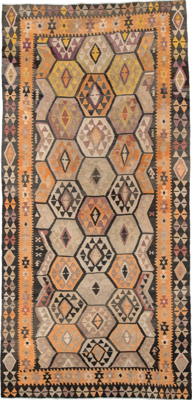 6' x 12' one-of-a-kind handmade vintage Kilim large size rug. Color palette: brown, orange, gray, black, pink, tan