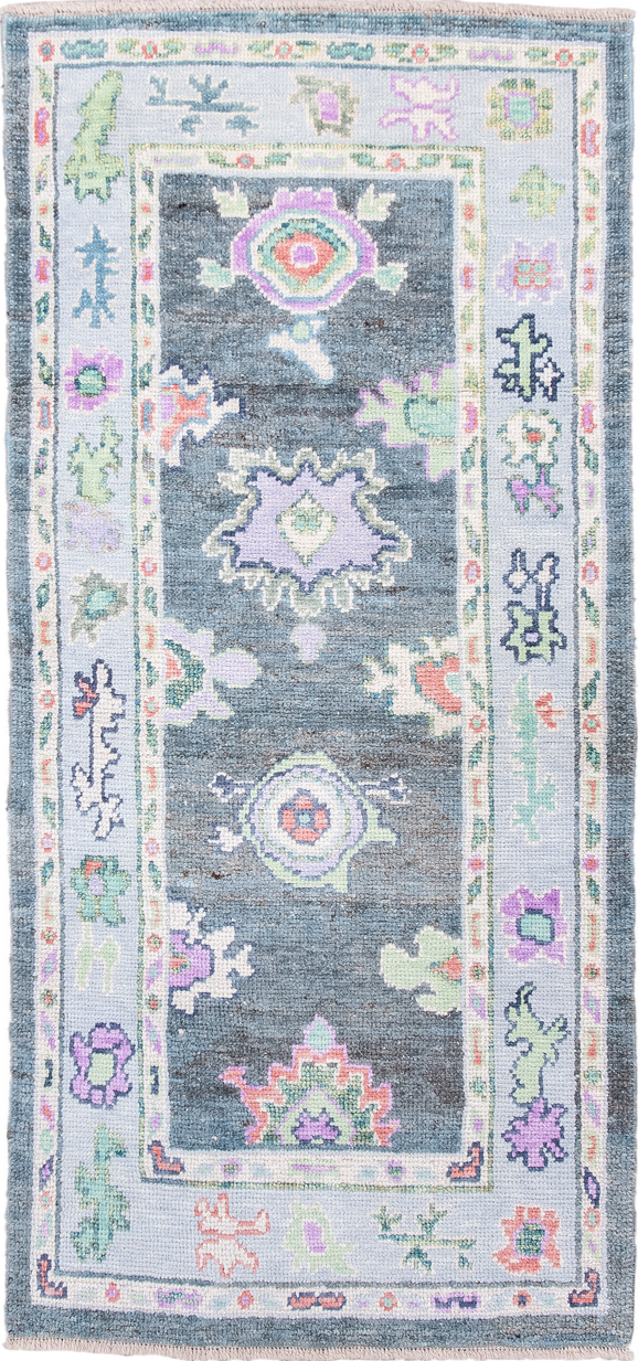 3' x 6' one-of-a-kind handmade vintage Oushak runner rug. Color palette: blue, dim gray, gray, light blue, light gray