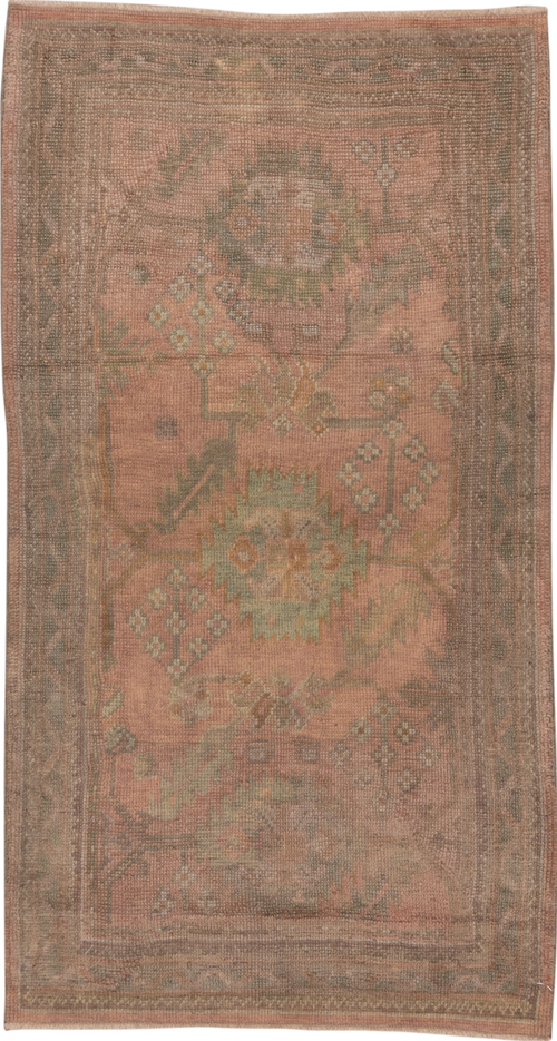 3' x 6' one-of-a-kind handmade vintage Oushak small size rug. Color palette: brown, gray, light gray, off-white, pink, snow